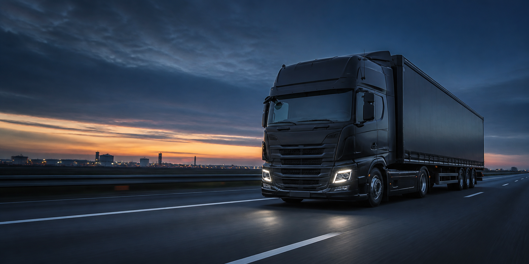 Moderne vrachtwagen onderweg op een Europese snelweg bij zonsopkomst
